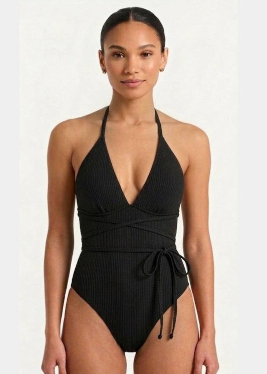 SHEIN Rib-Knit Halter Neck Wrap One Piece Swimsuit