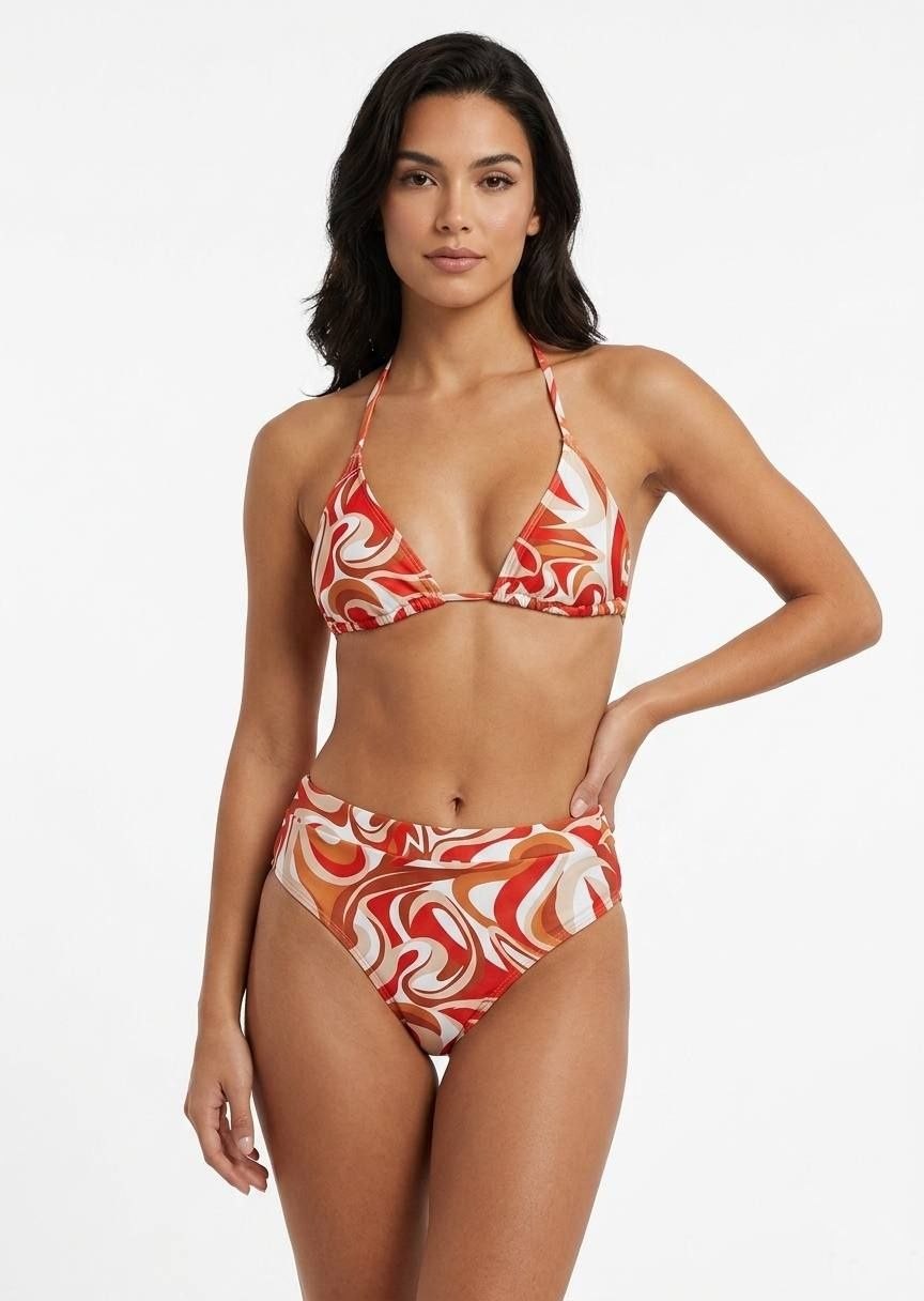 SHEIN Retro Psychedelic Swirl Halter Triangle Bikini Set with High-Waisted Bottoms