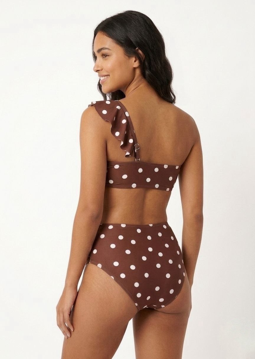 SHEIN Polka Dot One-Shoulder Ruffle Bikini Set with High-Waisted Bottoms - Brown