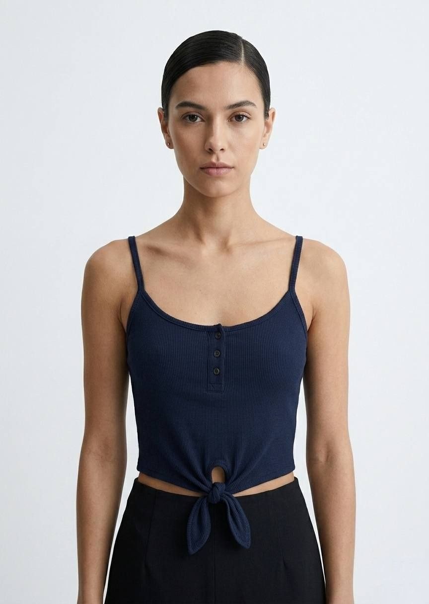 Women's Ribbed Button-Down Tie-Front Crop Top