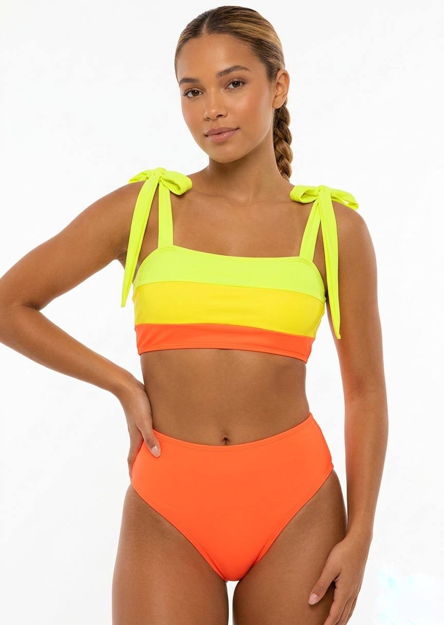 SHEIN Women's Tricolor Colorblock Bikini Set - Neon Yellow, Yellow, and Orange