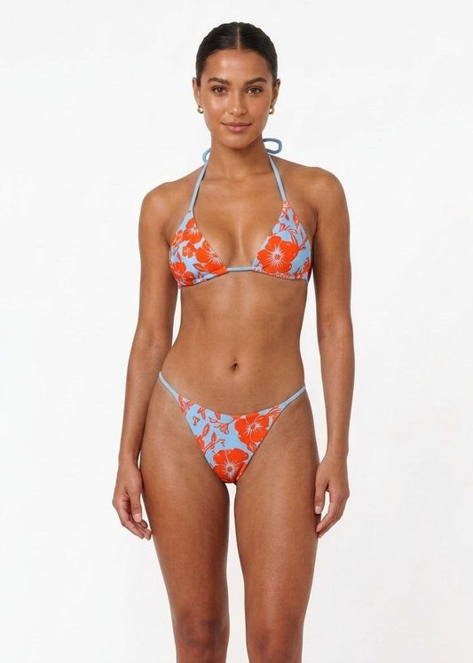 SHEIN Light Blue and Orange Tropical Floral Triangle Bikini Set