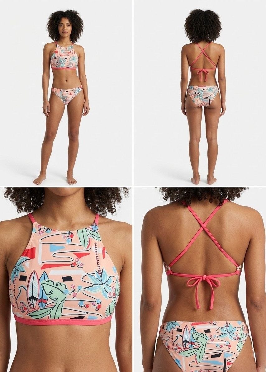 Tropical Surf Illustration High-Neck Bikini Set with Peach Trim