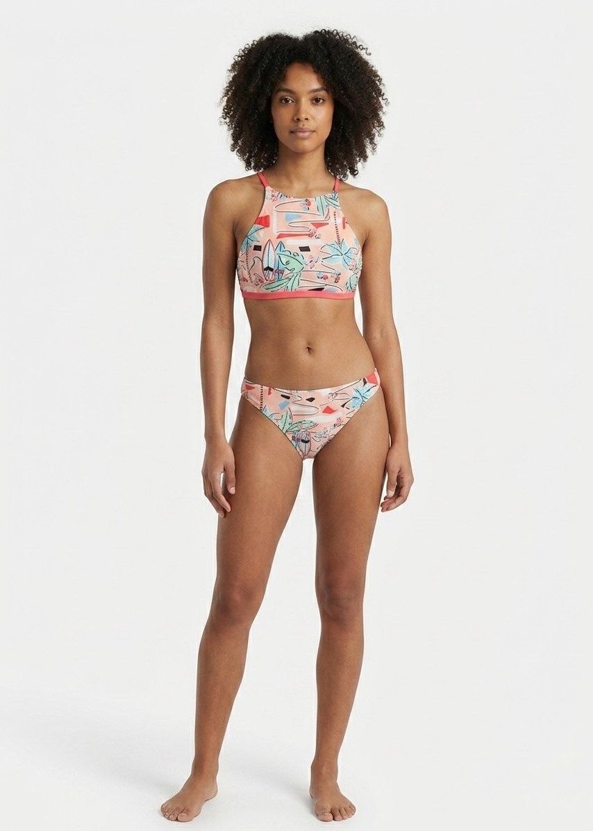 Tropical Surf Illustration High-Neck Bikini Set with Peach Trim