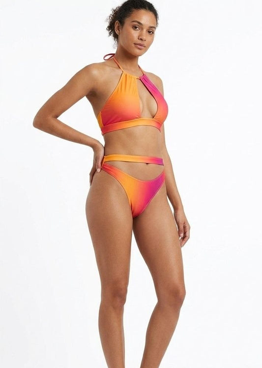 SHEIN Sunset Ombré Halter Cut-Out Bikini Set with Double Band Bottoms