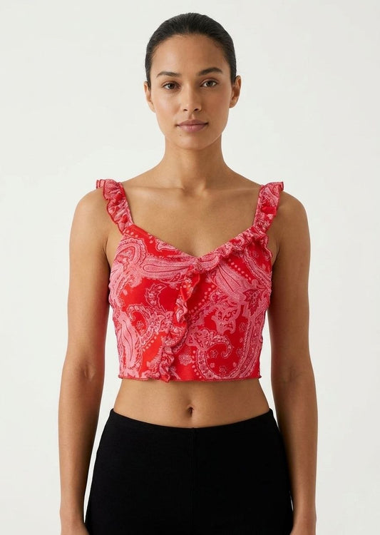 BERSHKA Red Paisley Ruffle Corset Crop Top