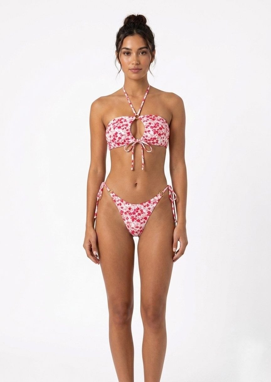 SHEIN Floral Halter Bandeau Bikini Set with O-Ring Side-Tie Bottoms - Pink & White