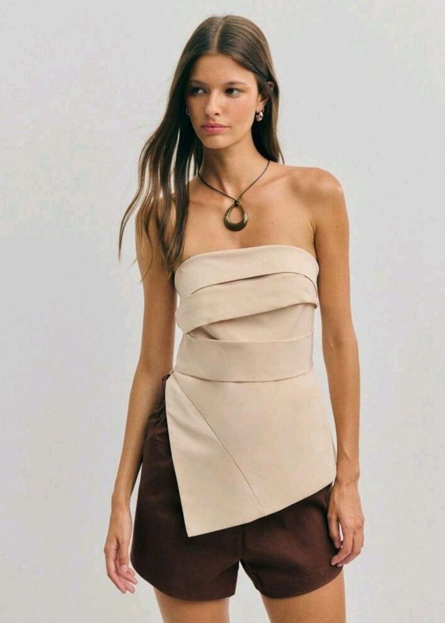 Nöista Women's Light Beige Summer Bandage Top,Asymmetrical Layered Silhouette Strapless Neckline Smooth Stretch Fabric,Night Out Beach Casual Versatile Top
