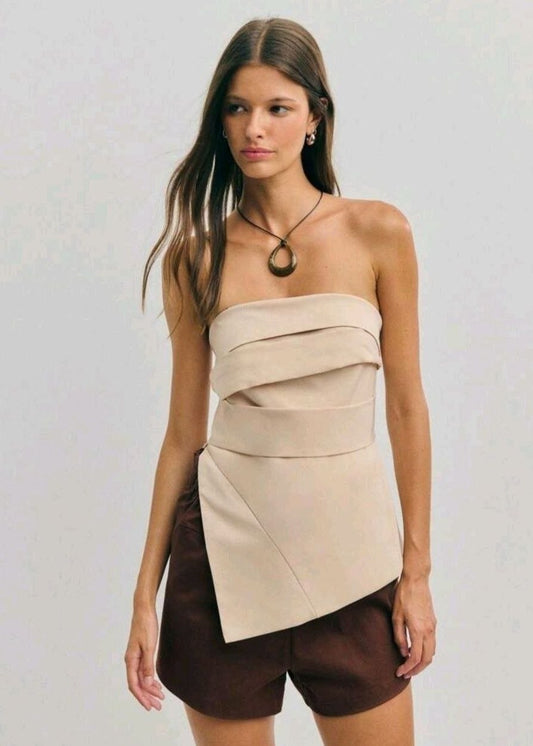 Nöista Women's Light Beige Summer Bandage Top,Asymmetrical Layered Silhouette Strapless Neckline Smooth Stretch Fabric,Night Out Beach Casual Versatile Top