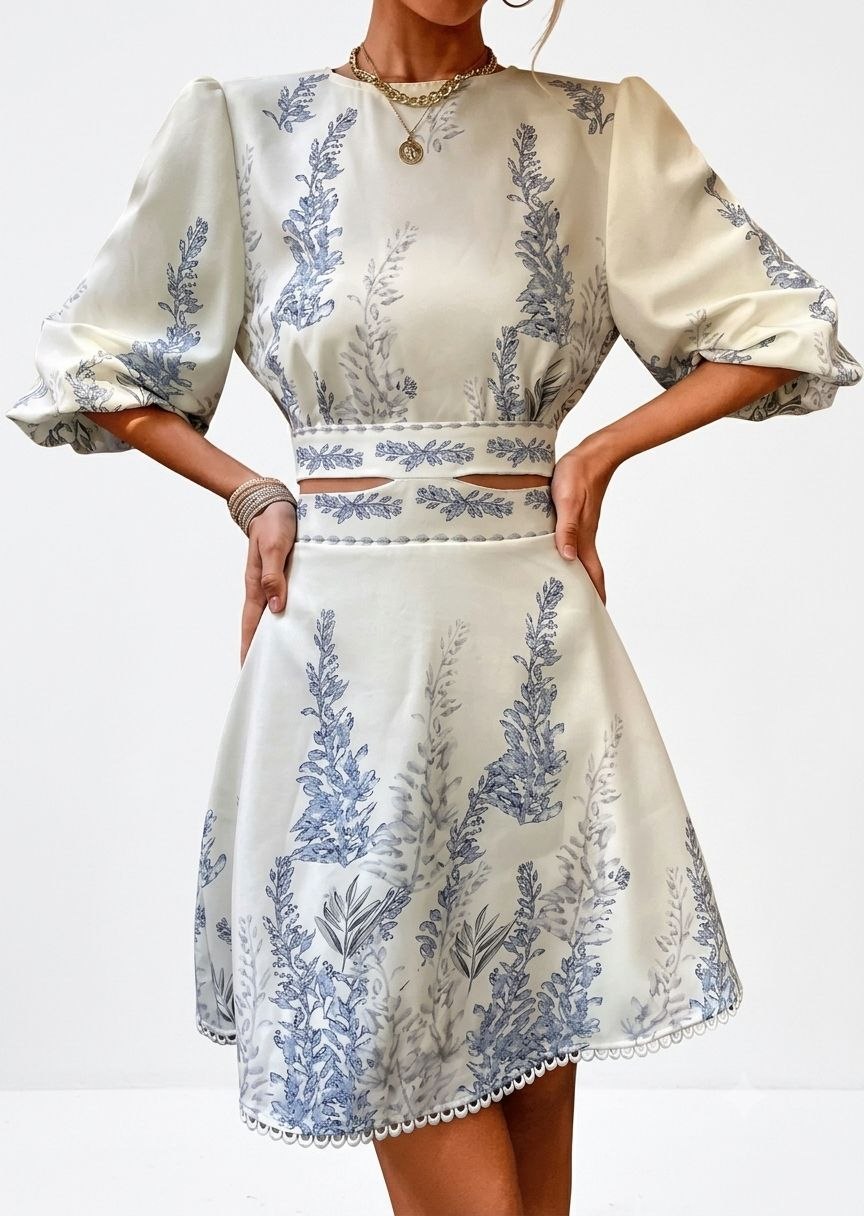 Aveloria Modichic Plant Print Cut Out Tie Back Lantern Sleeve Dress Vacation Outfits Woman