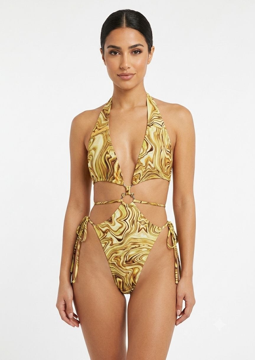 SHEIN Marble Print Cut-Out One-Piece Swimsuit