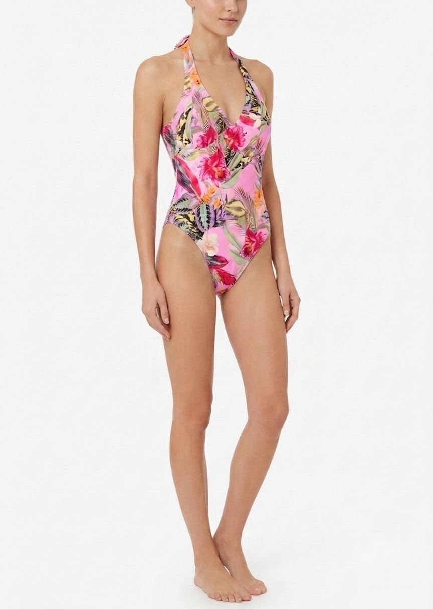 Tropical Print Halter One-Piece Swimsuit