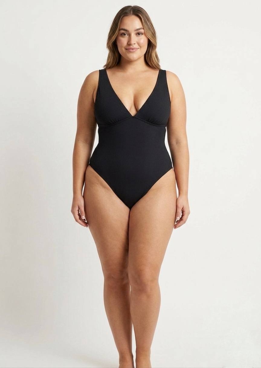 TU BRAND Classic Black Ribbed One-Piece Swimsuit