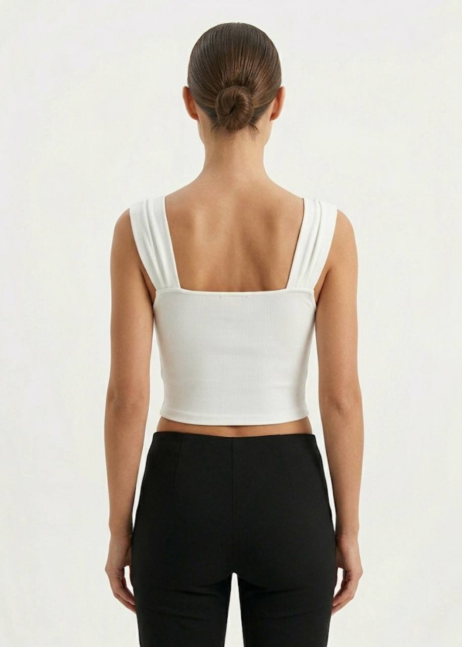 Elegant Square Neck Ruched Crop Top - White Sleeveless Blouse