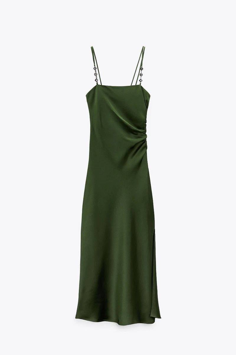 ZARA Satin Midi Slip Dress with Embellished Straps