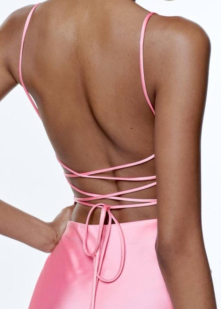 ZARA Pink Satin Corset Midi Dress with Lace-Up Back