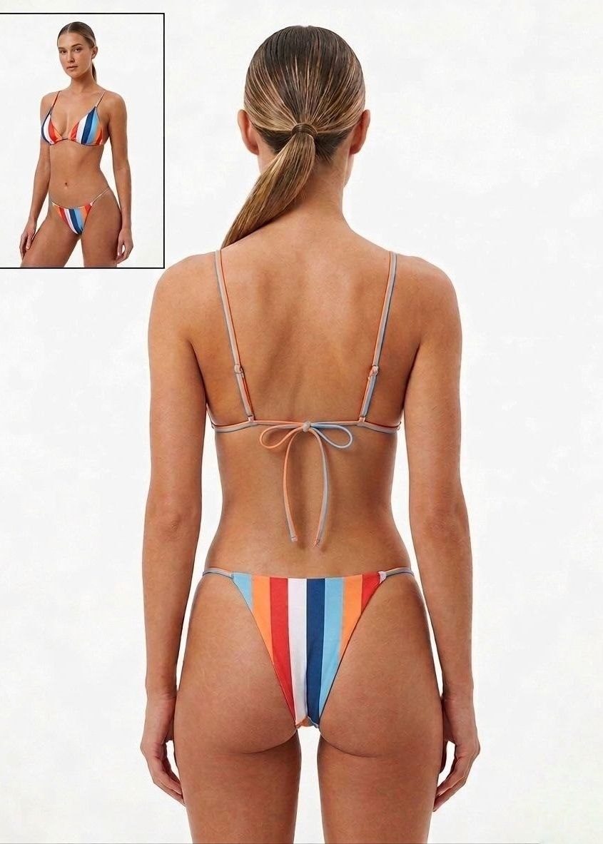 SHEIN Multicolor Vertical Striped Triangle Bikini Set with String Bottoms
