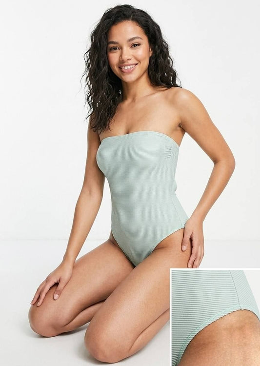 Sage Green Ribbed Bandeau One-Piece Swimsuit