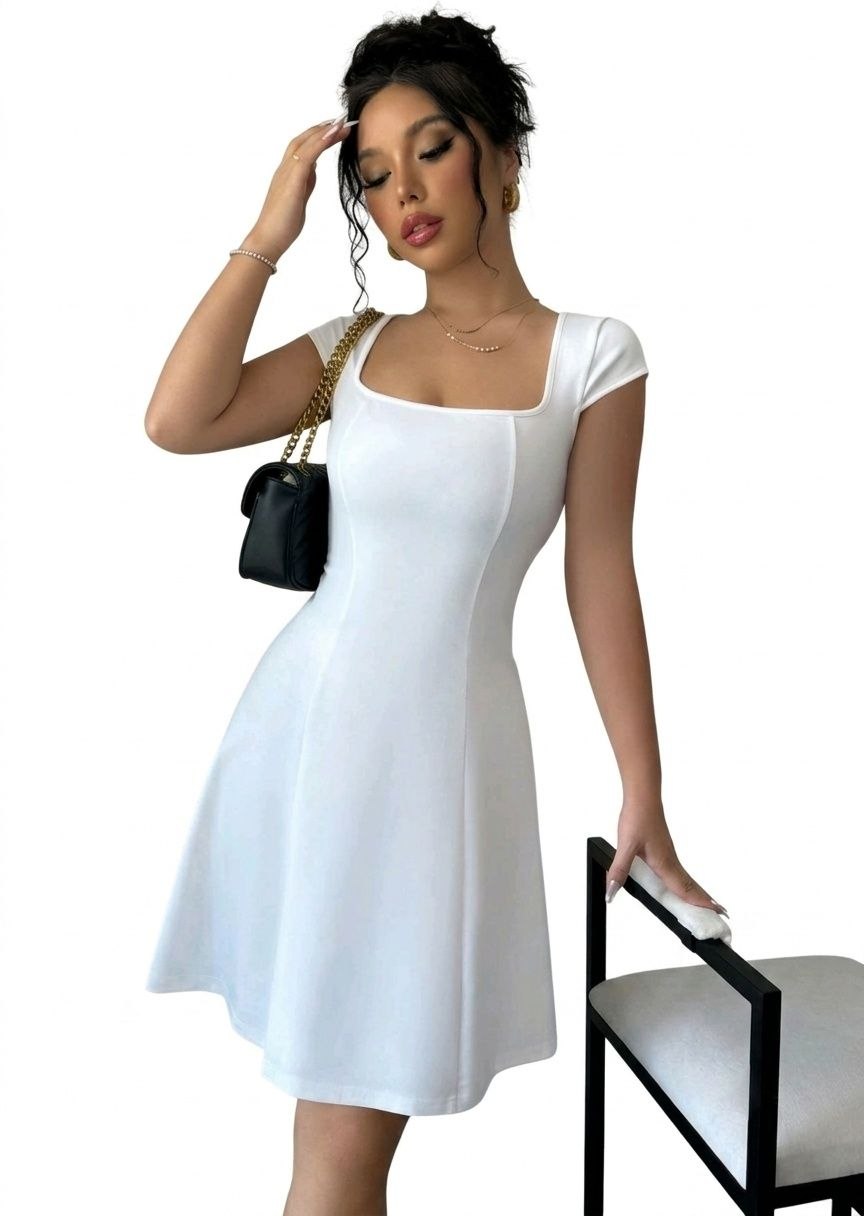 Selianne Women's White Summer Elegant Tea Party Dress,Square Neck Cap Sleeve A-Line High-Stretch Fabric Chic Fashion Commute Daily Casual Waist-Defining Slim