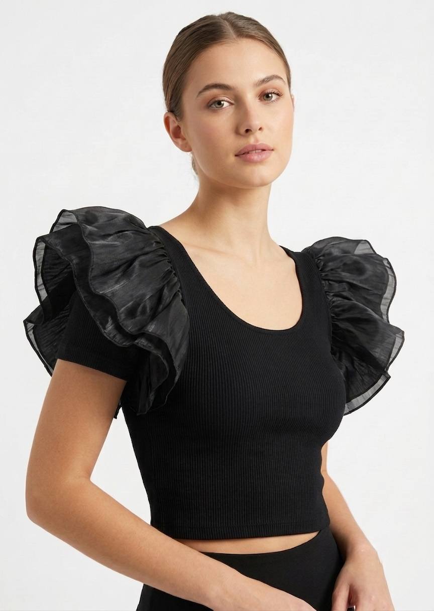 Black Ribbed Crop Top with Sheer Ruffle Sleeves