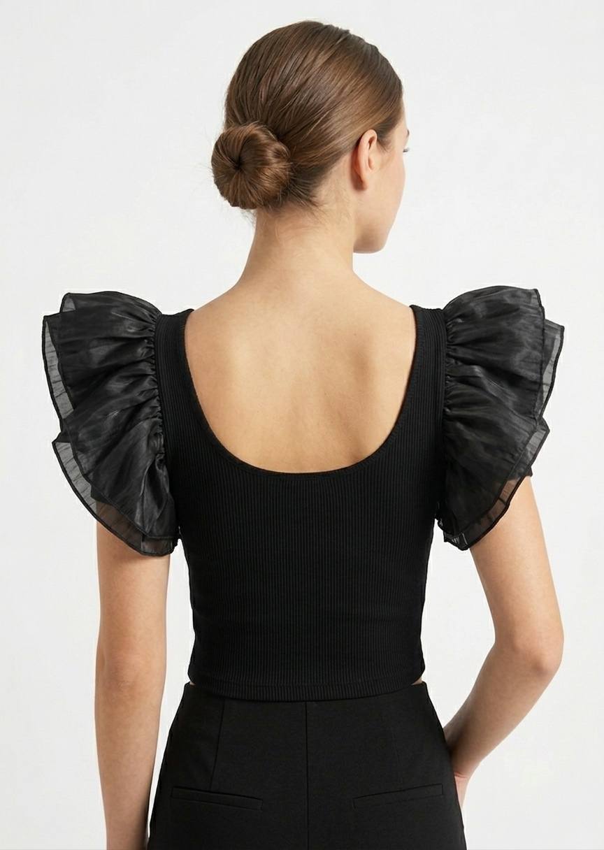 Black Ribbed Crop Top with Sheer Ruffle Sleeves