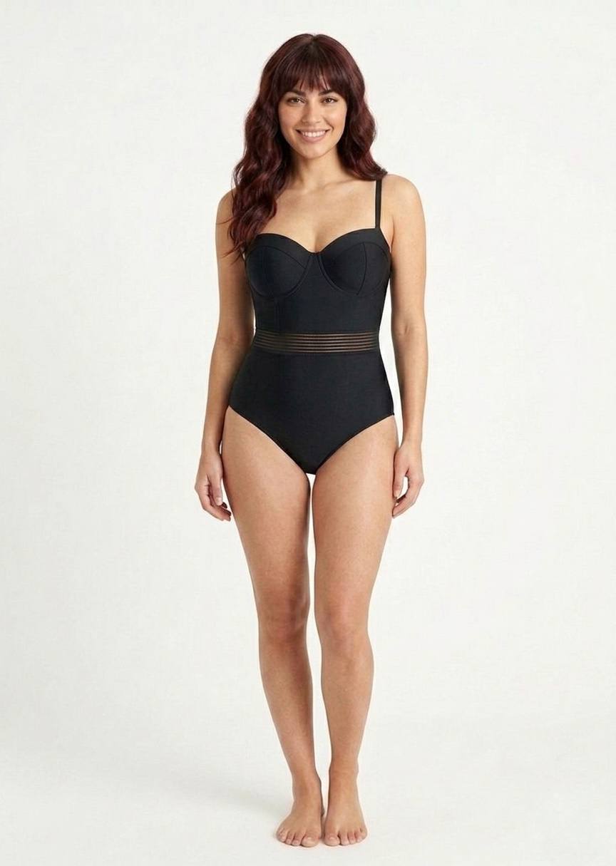 SHEIN Black Mesh Insert Underwire One-Piece Swimsuit