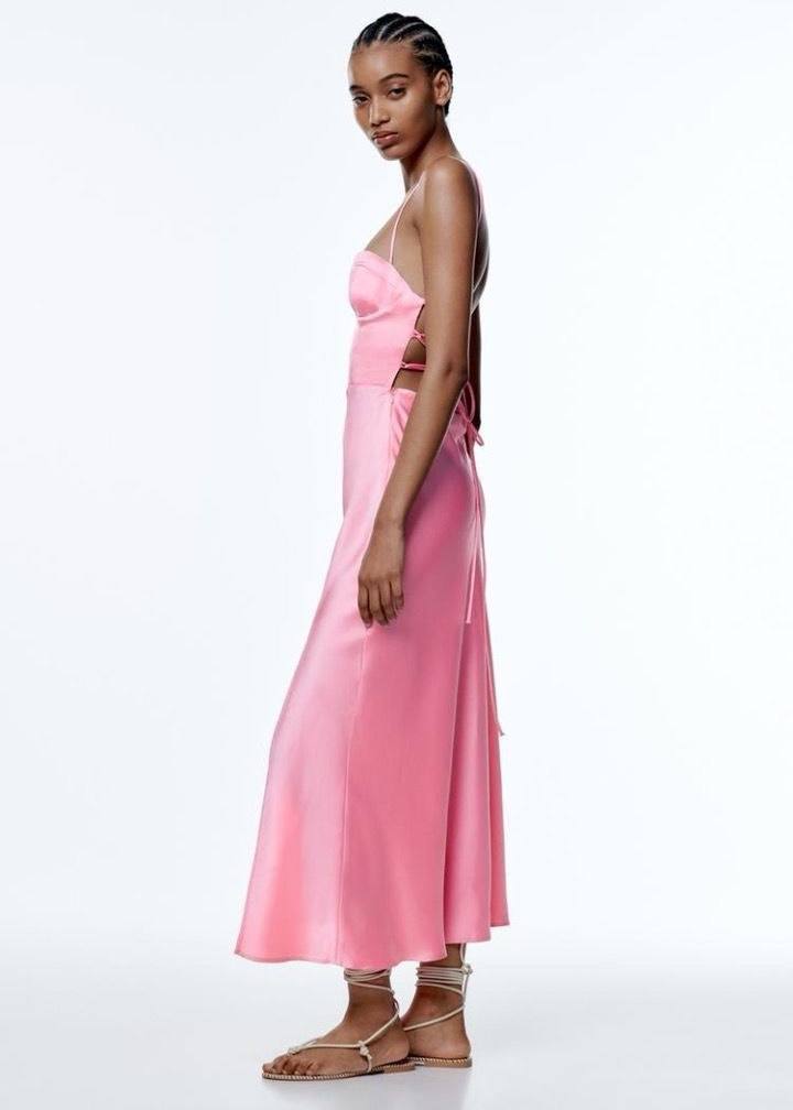 ZARA Pink Satin Corset Midi Dress with Lace-Up Back