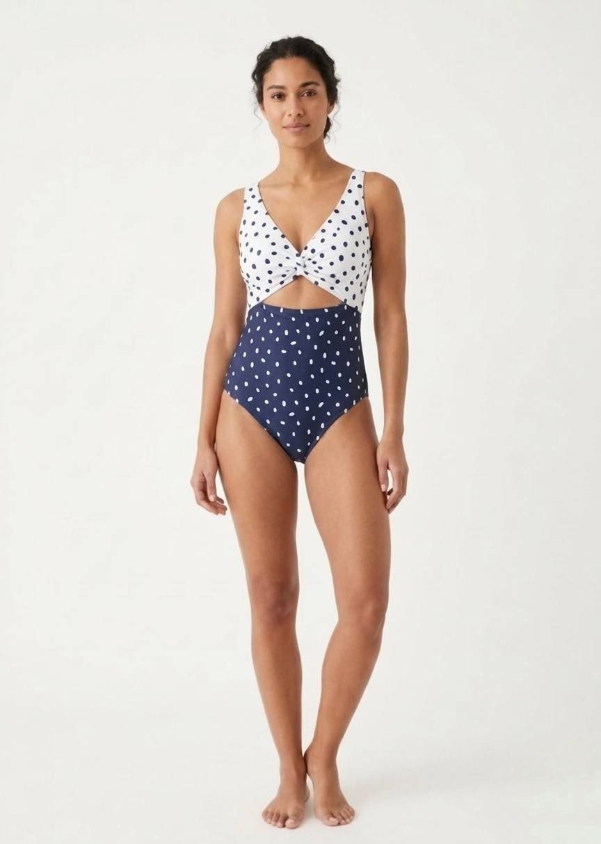 Twist-Front Cutout Polka Dot One-Piece Swimsuit