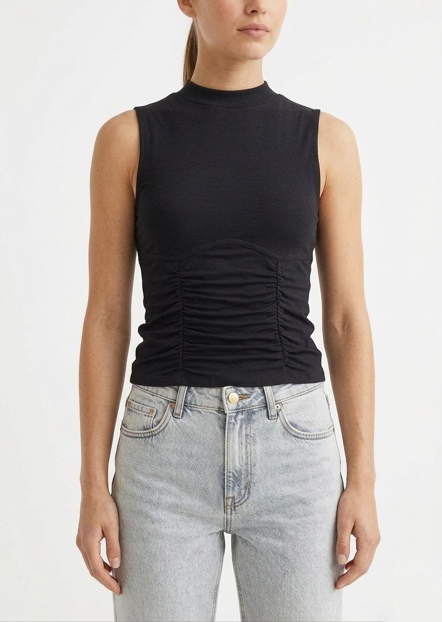 BERSHKA Mock Neck Ruched Corset-Style Tank Top
