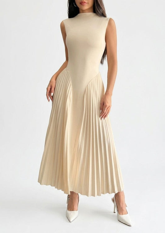 Pleated Midi A-Line Dress,Sleeveless Mock Neck Snug Fit Light Cream Spring Dress