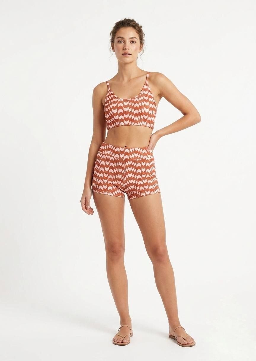 SHEIN Geometric Chevron High-Waisted Swim Shorts Bikini Set - Terracotta