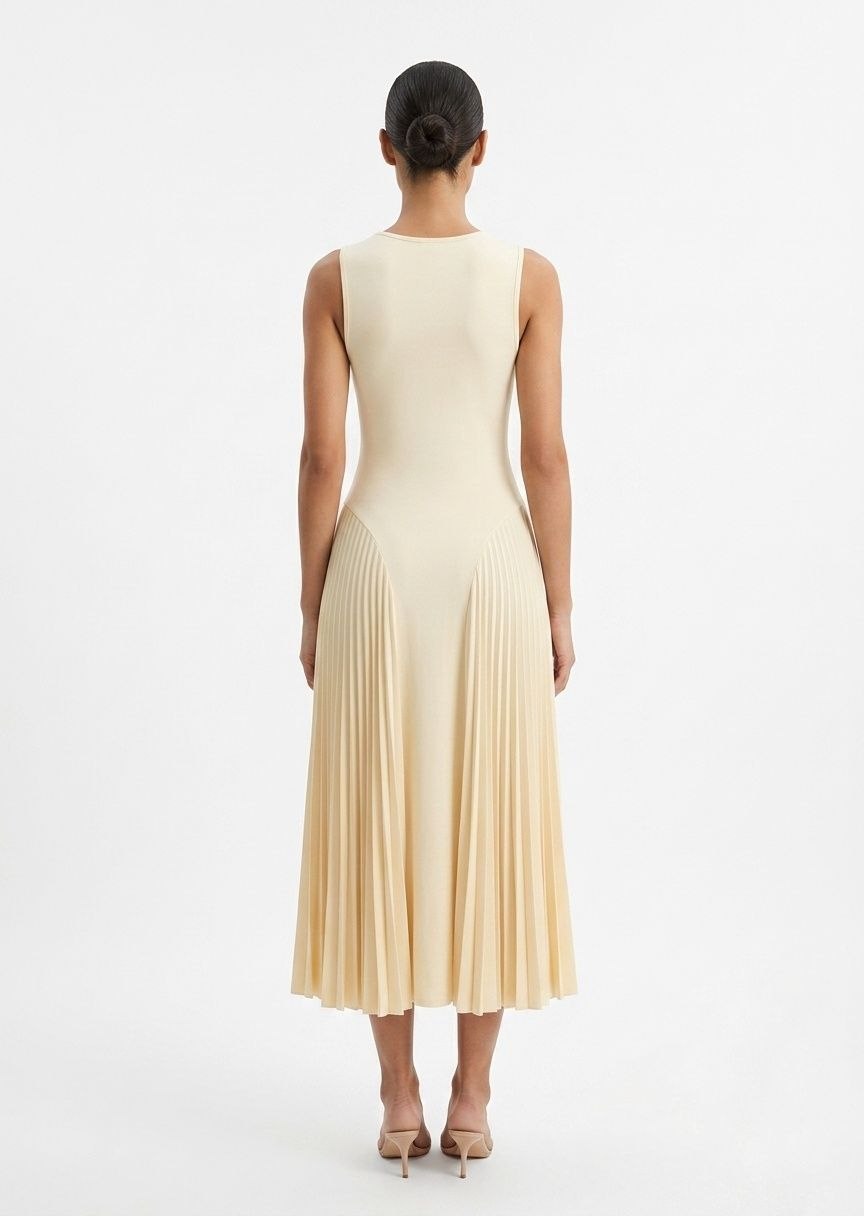 Pleated Midi A-Line Dress,Sleeveless Mock Neck Snug Fit Light Cream Spring Dress