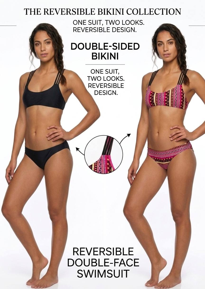 Reversible Tribal Print & Black Bikini Set - Two-in-One Swimsuit