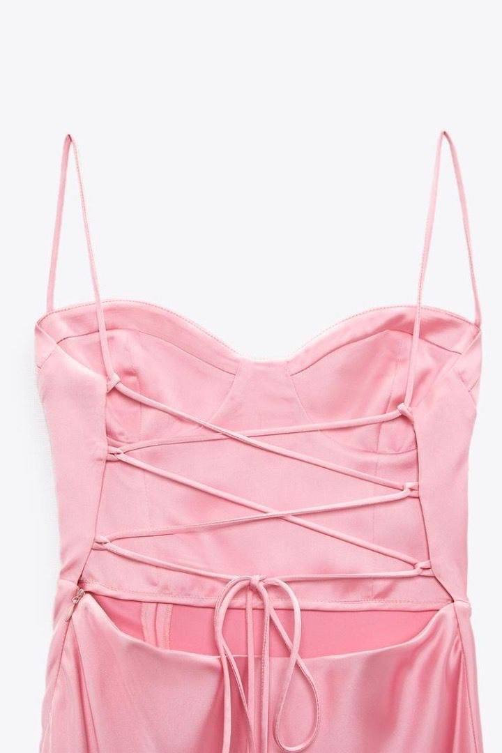 ZARA Pink Satin Corset Midi Dress with Lace-Up Back