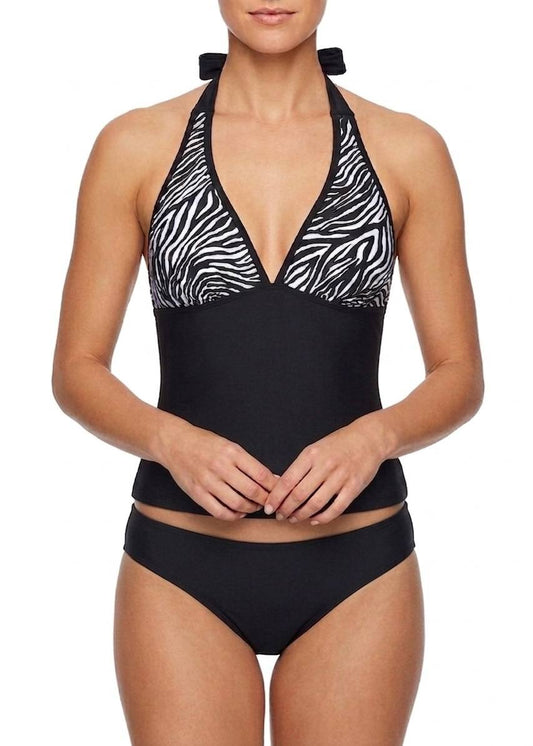 ESMARA Zebra Print Halter Tankini Set – Two-Piece Swimsuit in Black