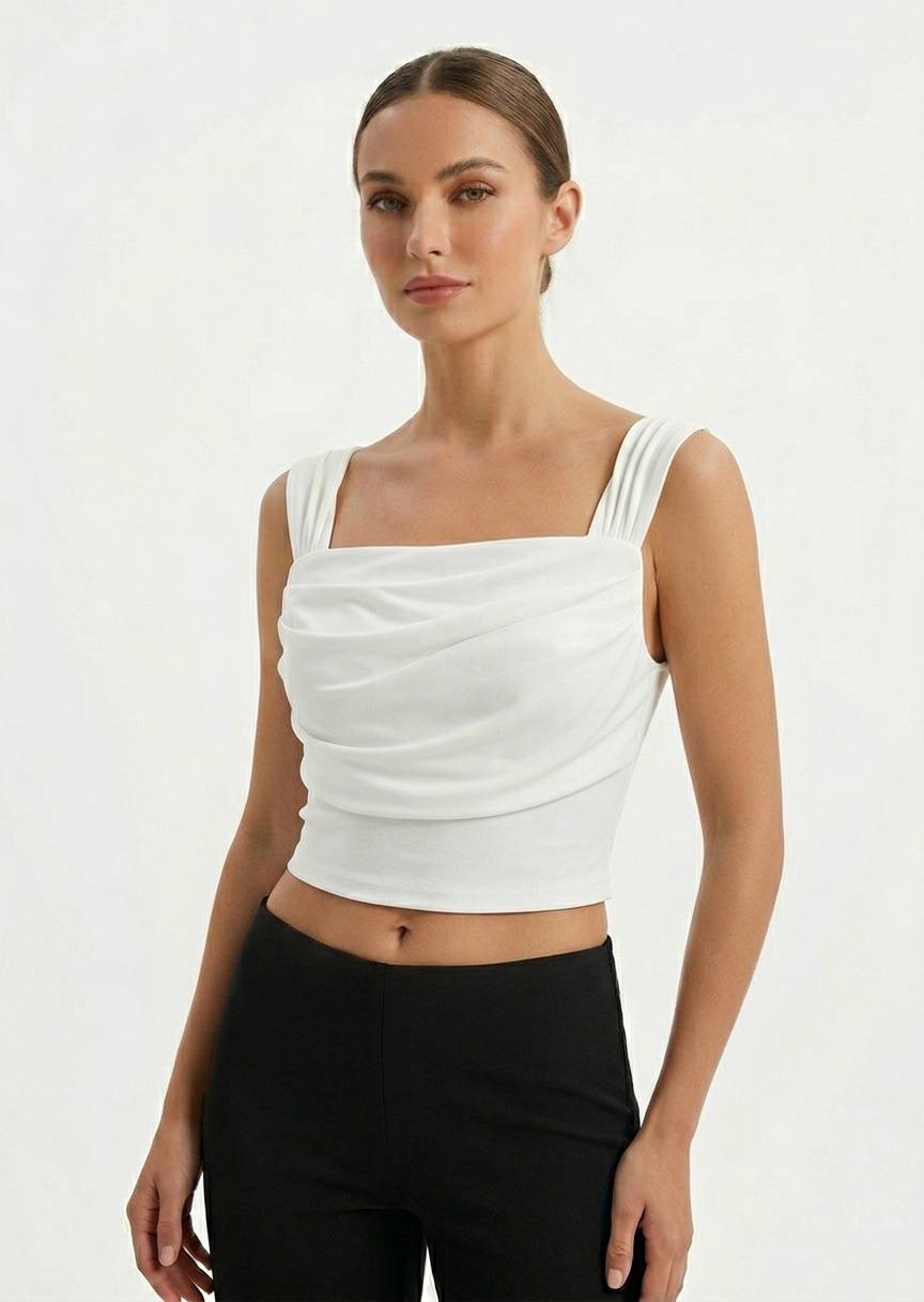 Elegant Square Neck Ruched Crop Top - White Sleeveless Blouse