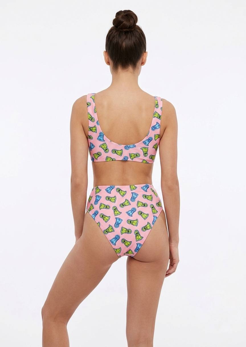 ROMWE Women's High-Waisted Bikini Set - Pink Fun Graphic Print