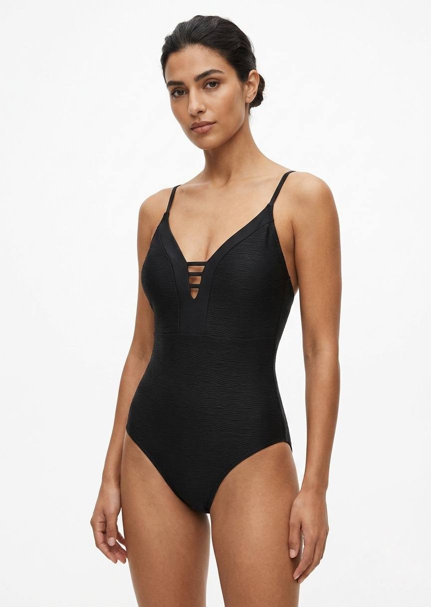 TU BRAND Women’s Black One-Piece Swimsuit with V-Neck and Cut-Out Detail