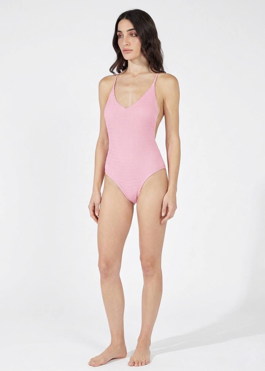 Textured Swimsuit with Cross-Back Strap and V-neck