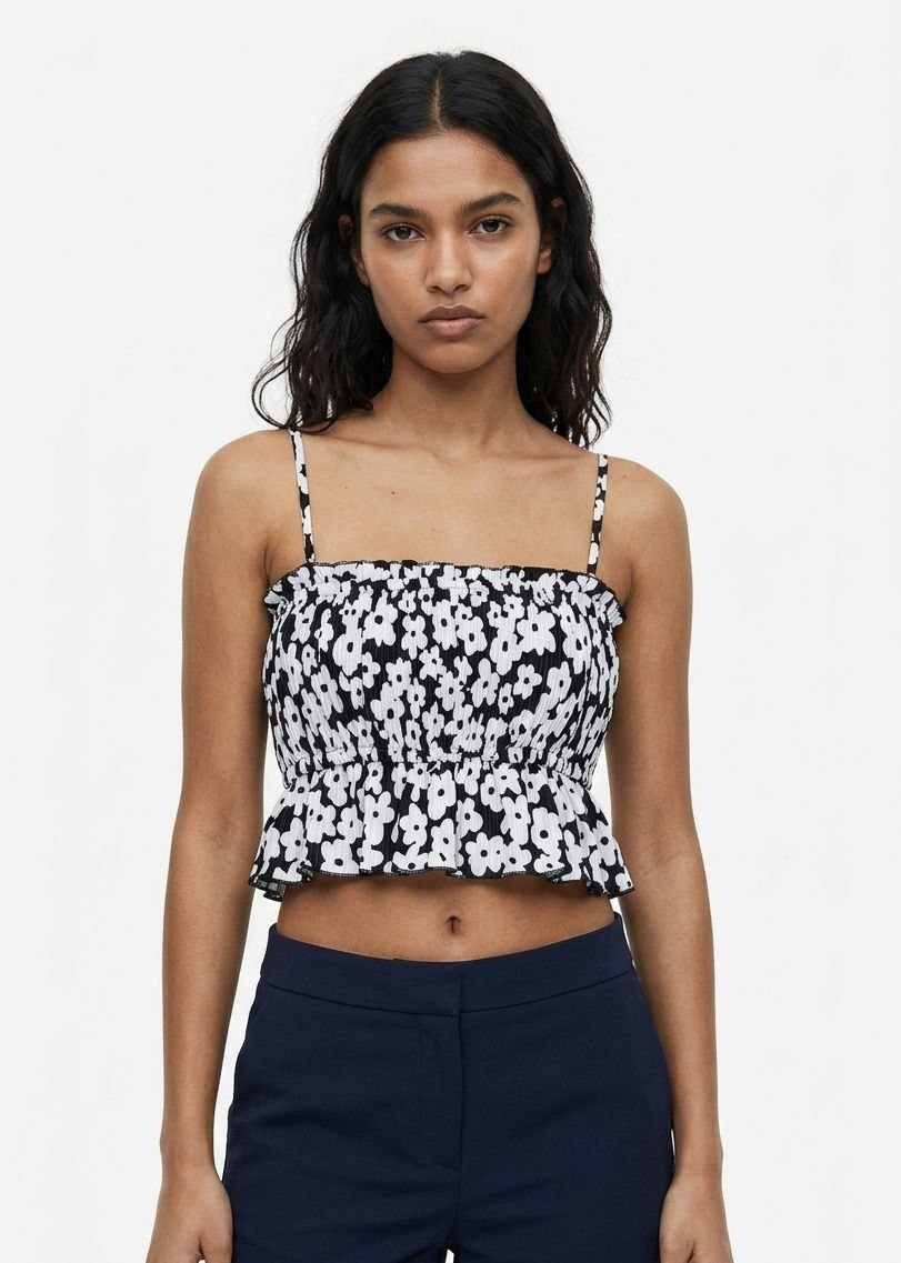 BERSHKA Floral Print Smocked Peplum Cami Crop Top