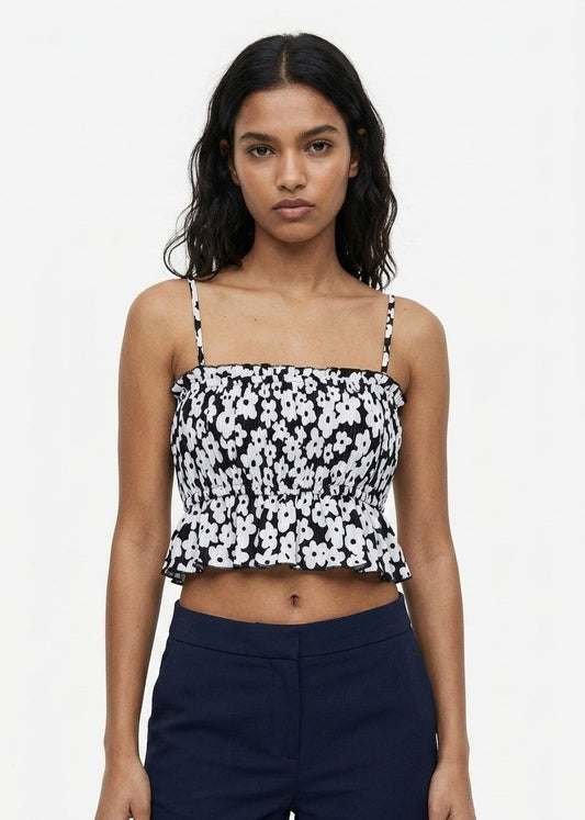 BERSHKA Floral Print Smocked Peplum Cami Crop Top