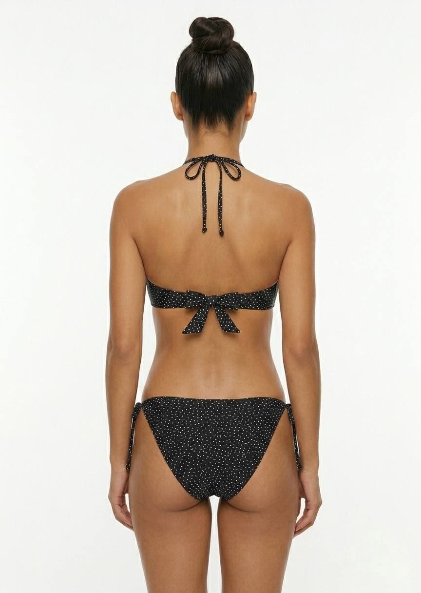 Retro Polka Dot Halter Bikini Set with Side-Tie Bottoms - Black & White