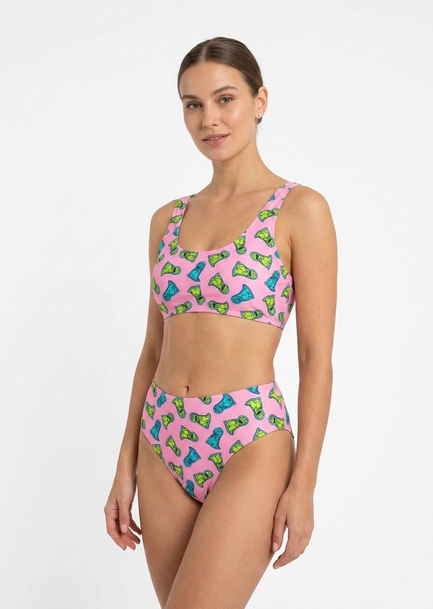 ROMWE Women's High-Waisted Bikini Set - Pink Fun Graphic Print