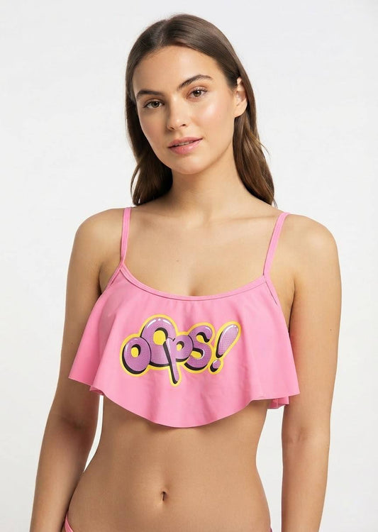 DEFACTO Pink Graphic Ruffle Bikini Top