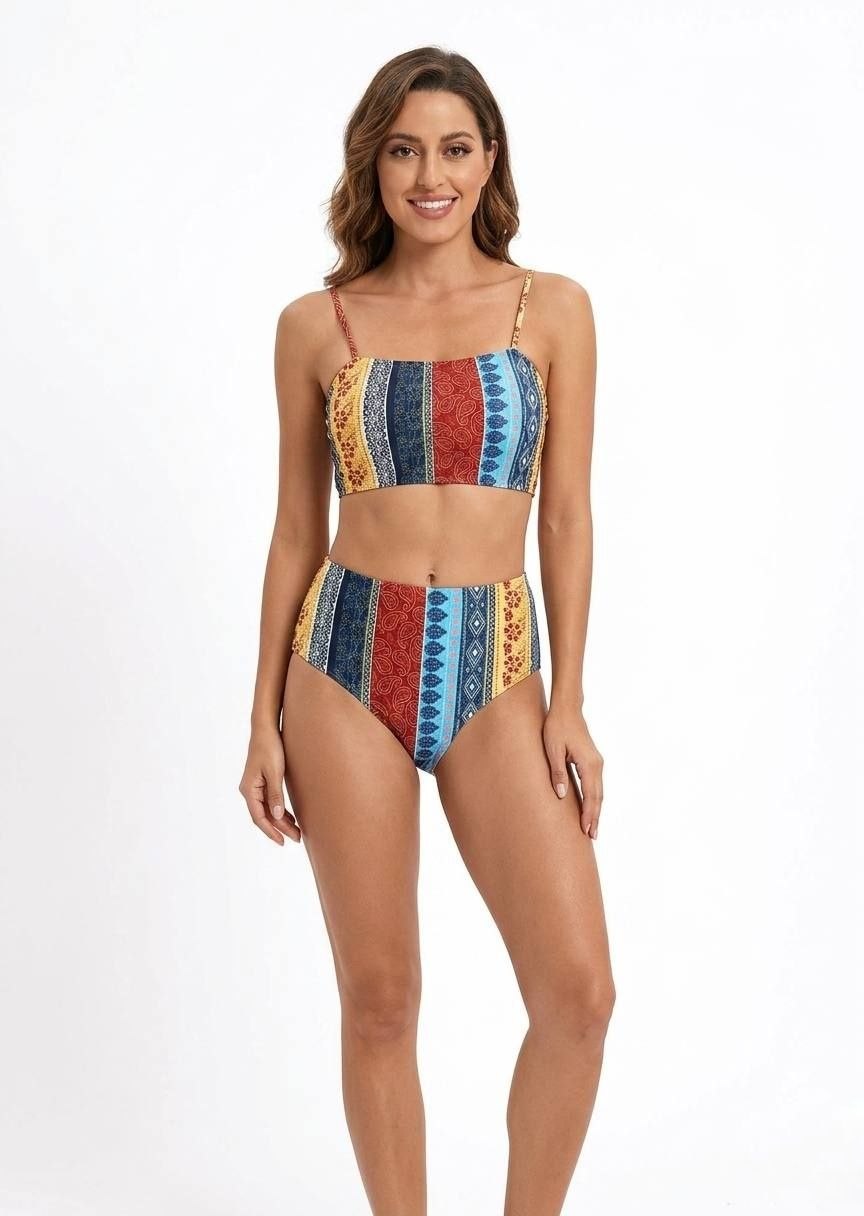 SHEIN Bohemian Patchwork High-Waisted Bikini Set - Lace-Up Crop Top