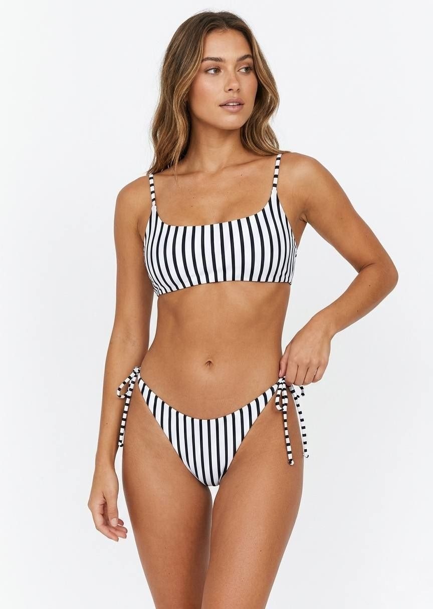 SHEIN Black and White Striped Tie-Side Bikini Set