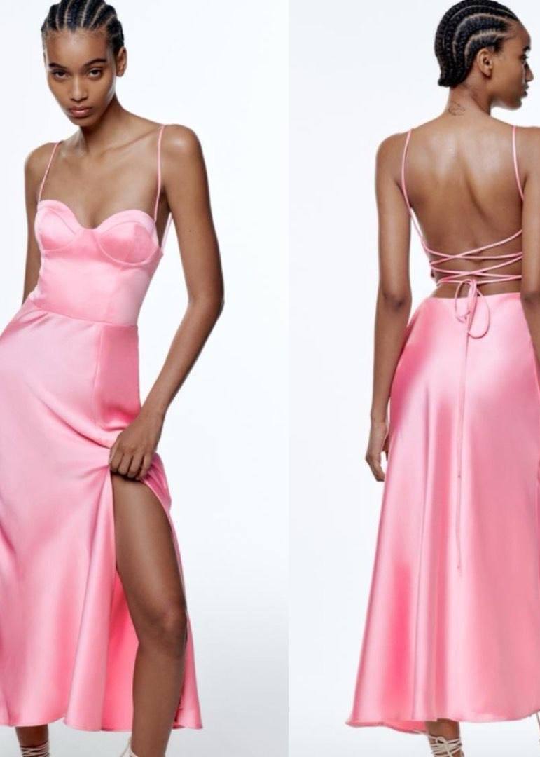 ZARA Pink Satin Corset Midi Dress with Lace-Up Back