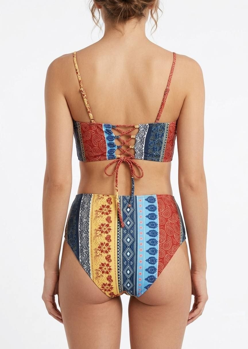 SHEIN Bohemian Patchwork High-Waisted Bikini Set - Lace-Up Crop Top