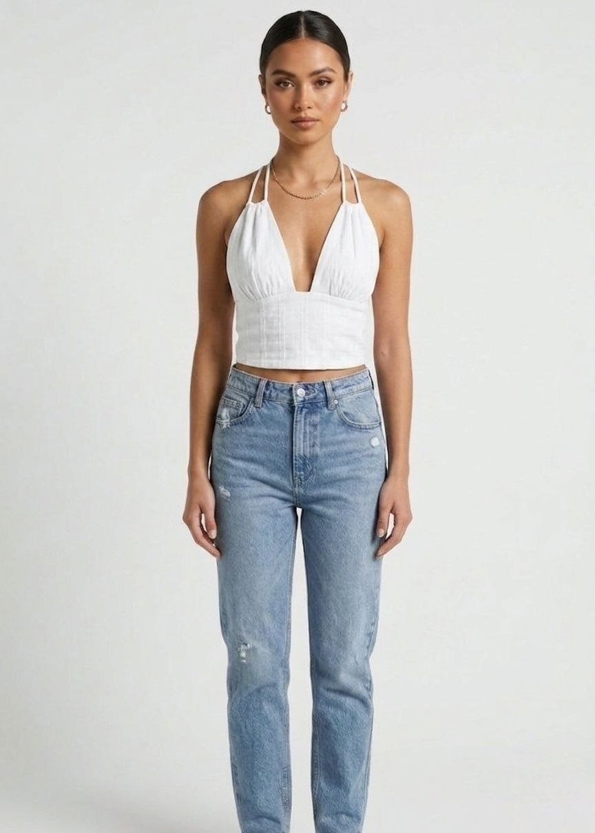 BERSHKA Women's Plunge Neck Halter Crop Top - White