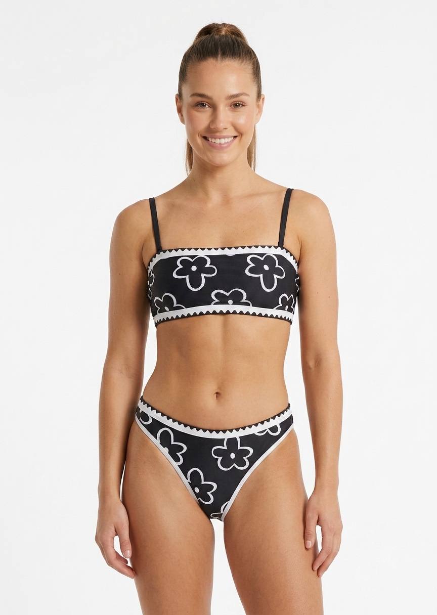 SHEIN Women’s Black and White Floral Print Bikini Set with Scalloped Trim